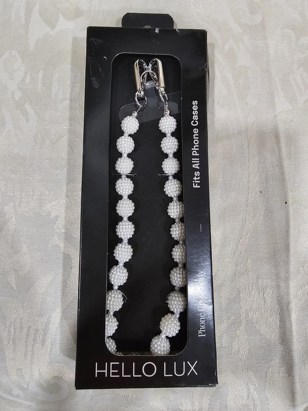 Lux White Beaded Phone Strap with Silver Clips